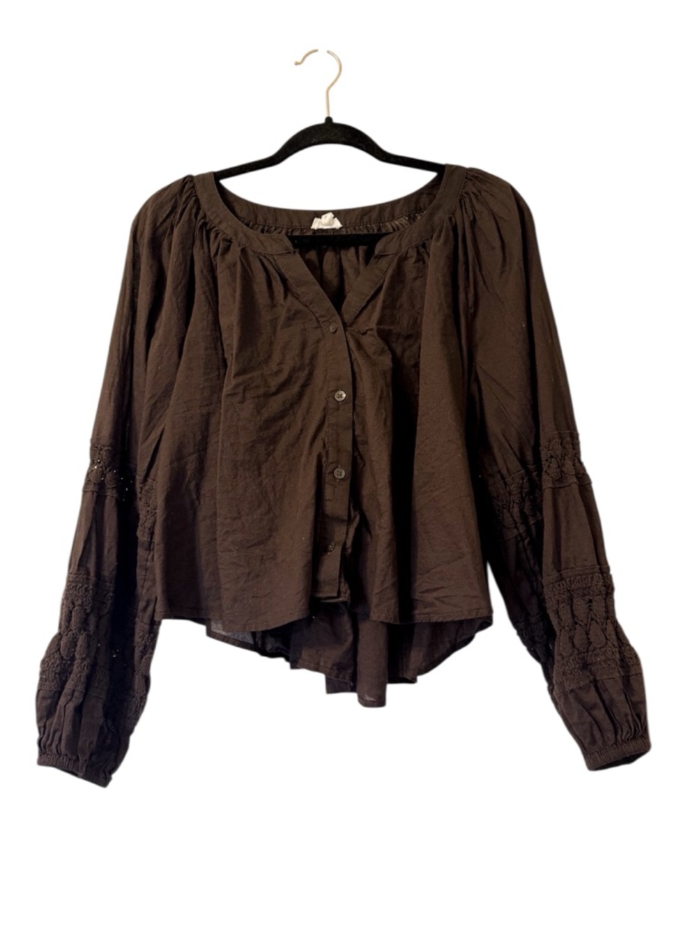 Aerie Dark Brown Long Sleeve Button Down Oversized Peasant Blouse Cropped M